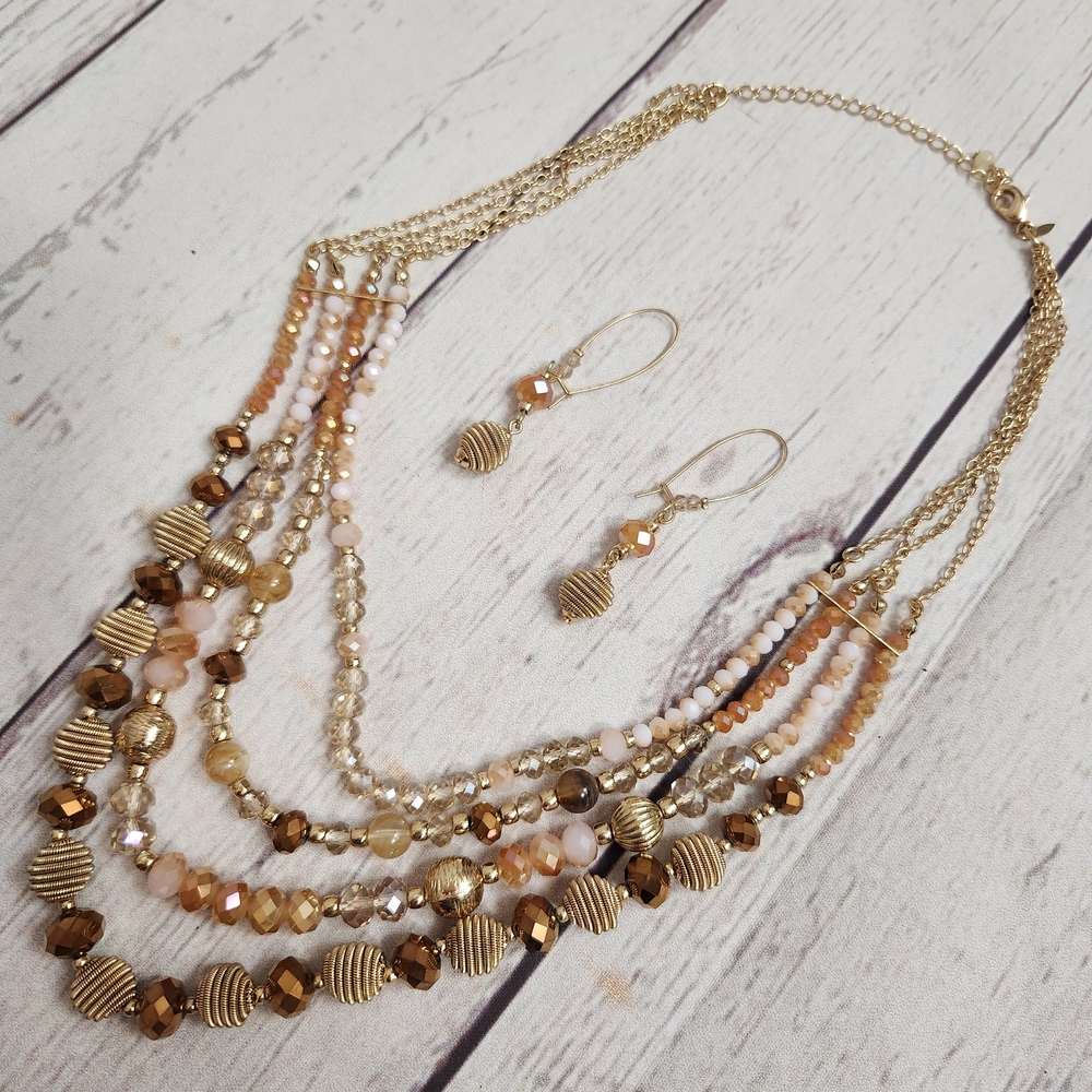 Multi-Strand Gold and Peach Beaded Necklace with Matching Earrings